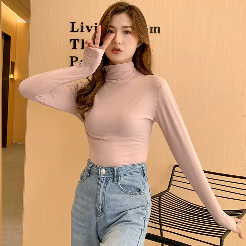 Women Modal Long Sleeve Half High Neck Slim Fit Tops
