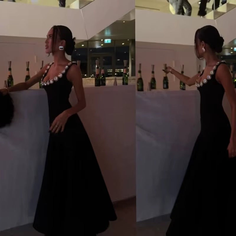 Women Cross One Shoulder Sleeveless Black Elegant Sexy Maxi Dress
