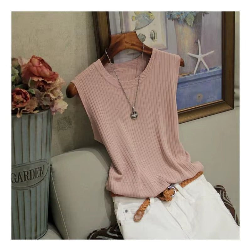 Women White Ice Silk Thin Knit Sleeveless Vest Tops