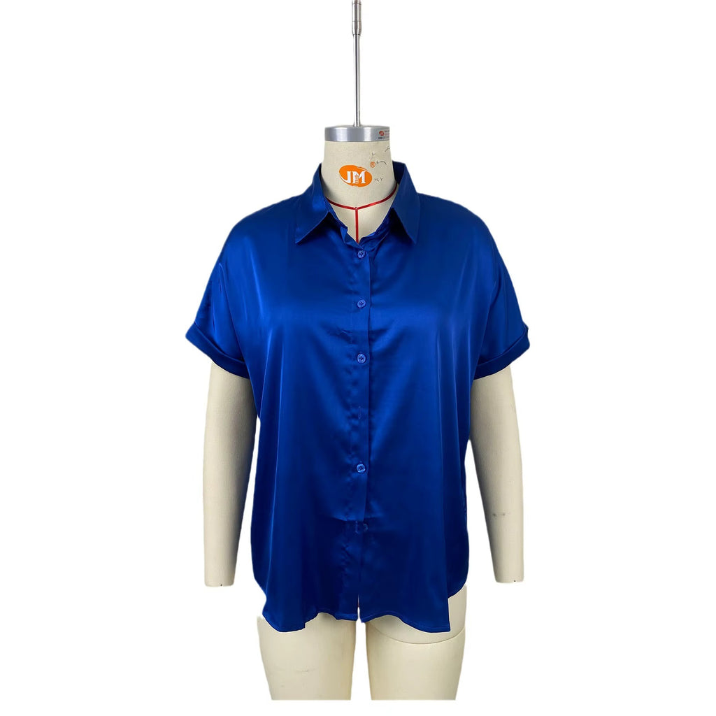 Women Solid V-Neck Satin Short Sleeve Loose Button Casual Shirt