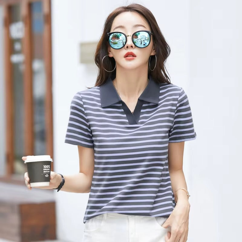 Women Striped V-Neck Cotton Polo Short Sleeve Slim Casual Top