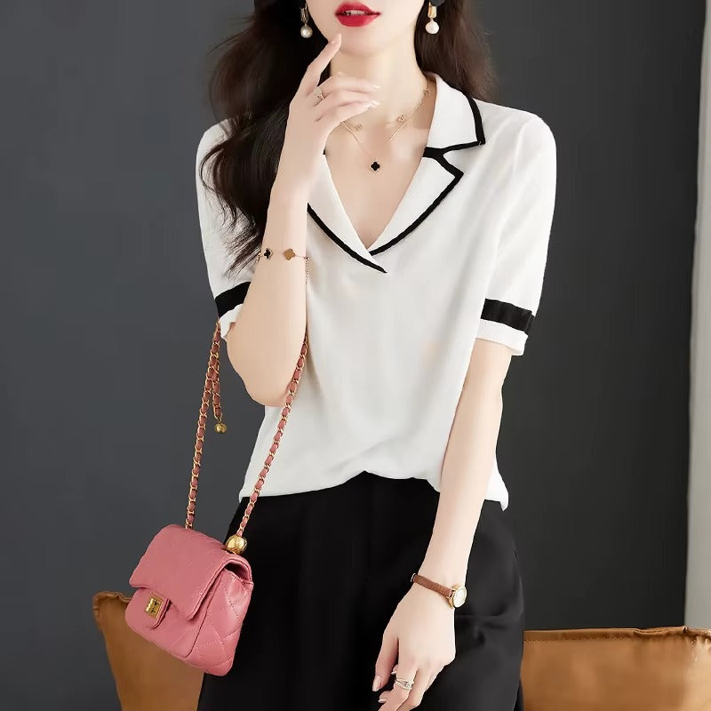Women V-Neck Solid Ice Silk Knit Polo Short Sleeve Top