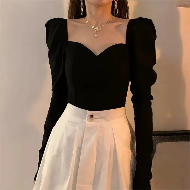 Women Black V-Neck French Puff Sleeve Square Neck Slim Crop Top