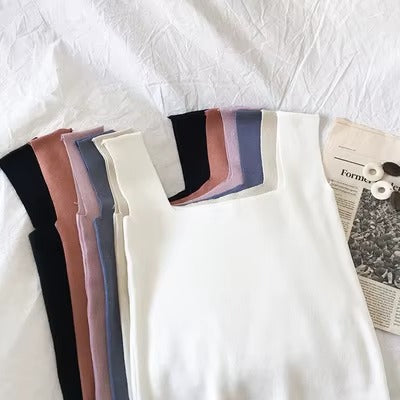 Women Square Collar Printed Solid Backless Sleeveless Vest Tops
