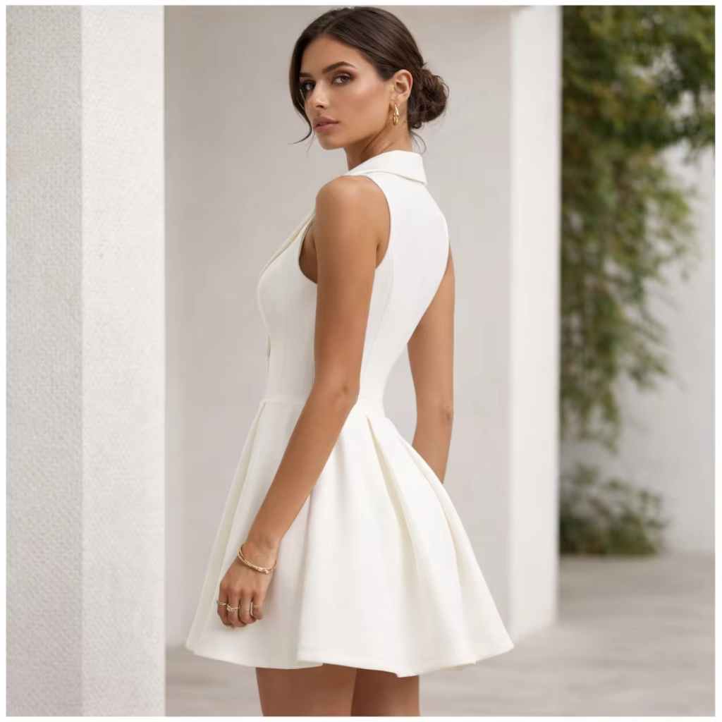 Women White Sleeveless Blazer Dress Deep V Pleated Fit Flare Mini Dress